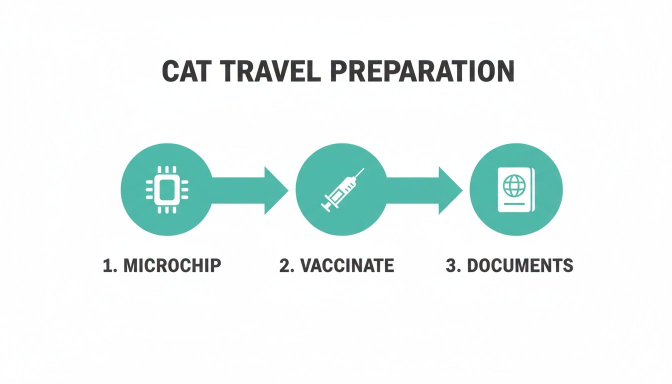 A visual guide illustrating three steps for cat travel preparation: microchip, vaccinate, and documents.