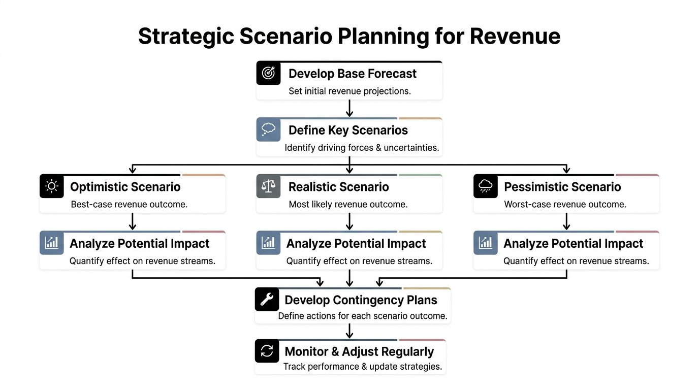 A flowchart showing the strategic scenario planning process for revenue including forecasting, analysis, and contingency planning.
