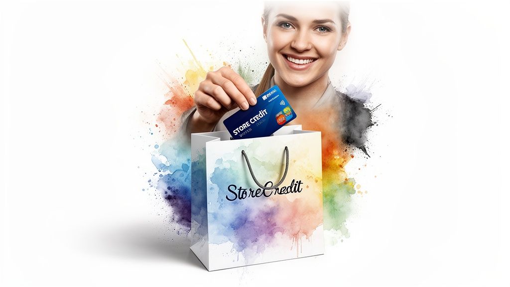 A smiling woman puts a blue 'Store Credit' card into a colorful watercolor shopping bag.