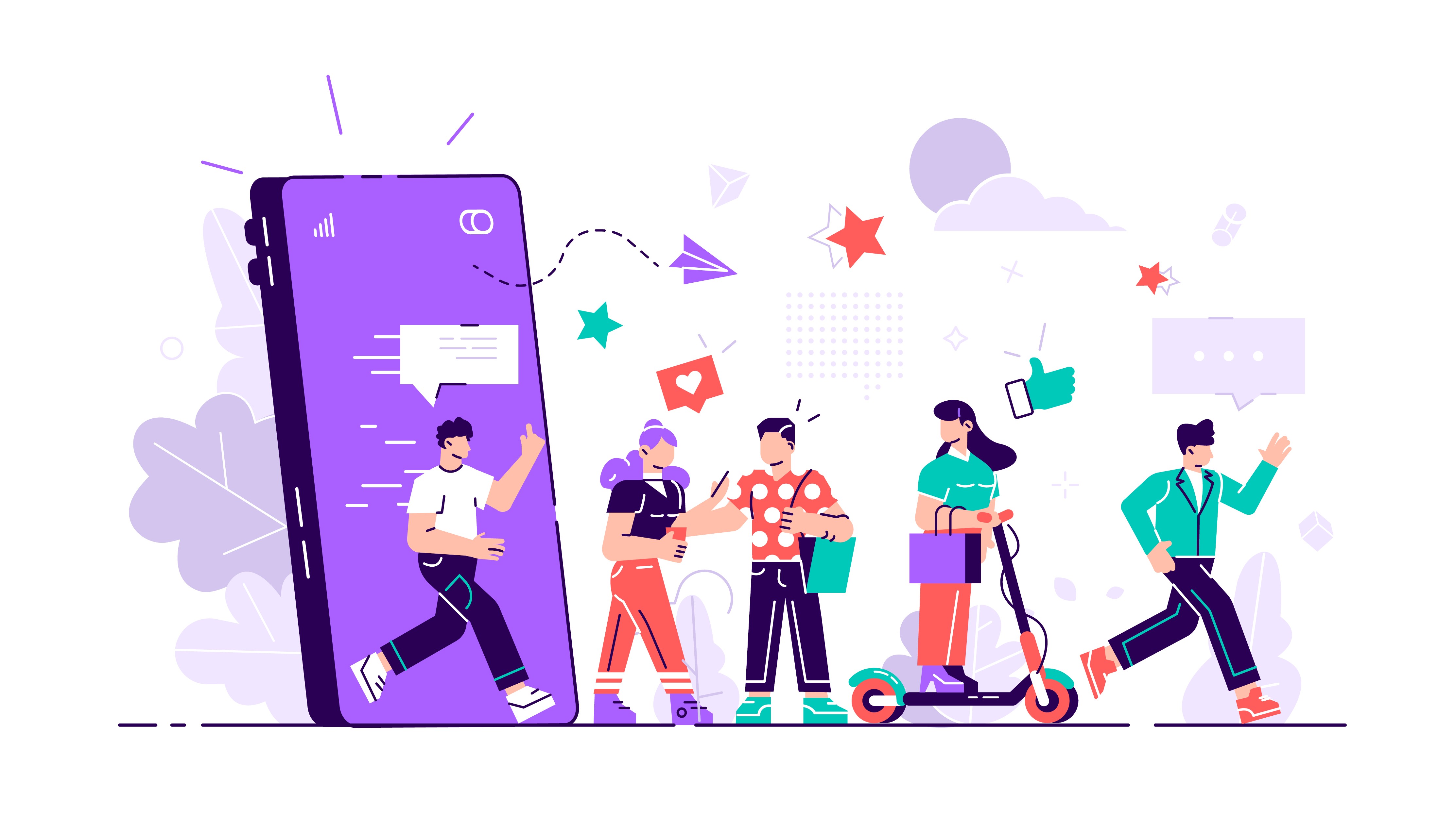 Influencer stepping out of a smartphone surrounded by engaged consumers and social media icons