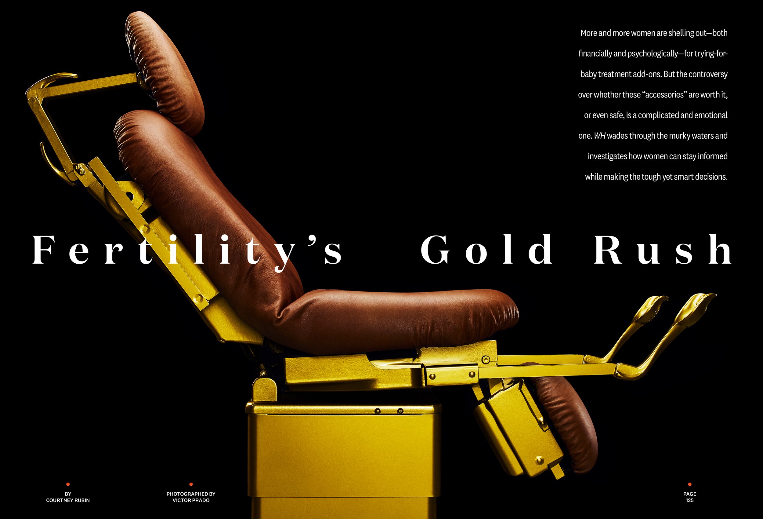 A layout of a lux gynecological chair that is in gold and brown leather. The chair is shot against a pure black background