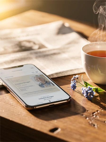 Tisch mit einer Tasse Tee, einem Smartphone & einer Zeitung. Das Smartphone zeigt die exitus App