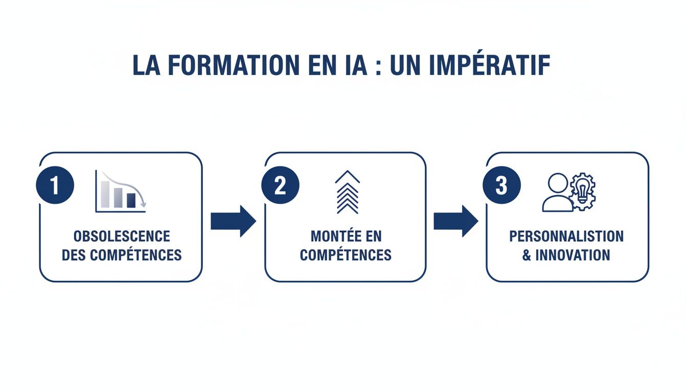 Diagramme illustrant l'impératif de la formation en IA: obsolescence des compétences, montée en compétences, et personnalisation & innovation.