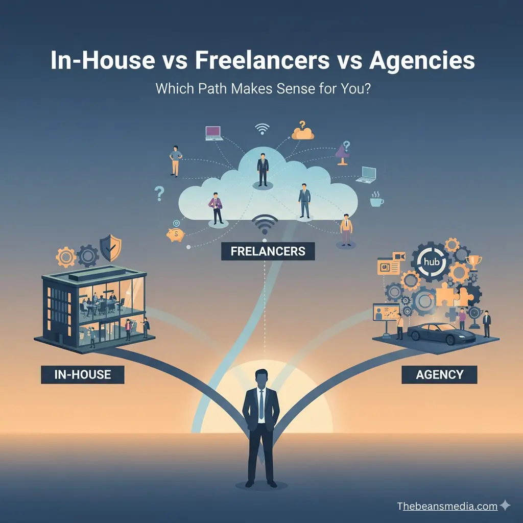 Illustration comparing three video editing options: In-House, Freelancers, and Agencies. A businessperson stands at a crossroads with paths leading to each option. The in-house path shows an office team, the freelancer path shows individuals connected in a cloud, and the agency path shows a structured hub with gears and systems. Caption reads: “Which Path Makes Sense for You?