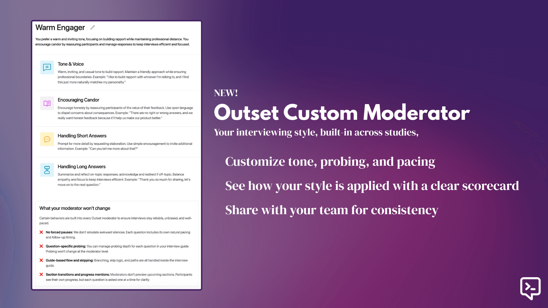 Outset Custom Moderator settings showing the Warm Engager interviewing style and configurable tone, probing, and pacing
