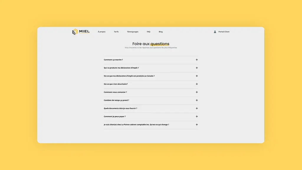 Page FAQ du site MIEL (Mes Impôts En Ligne) — liste des questions fréquentes sur le service de déclaration d'impôts en ligne