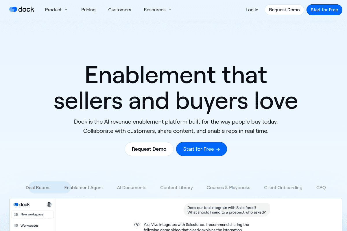 Dock homepage, buyer enablement platform for digital sales rooms and mutual action plans