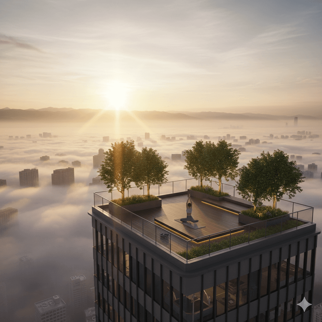 Rooftop wellness deck cloud yoga space high-rise amenity
