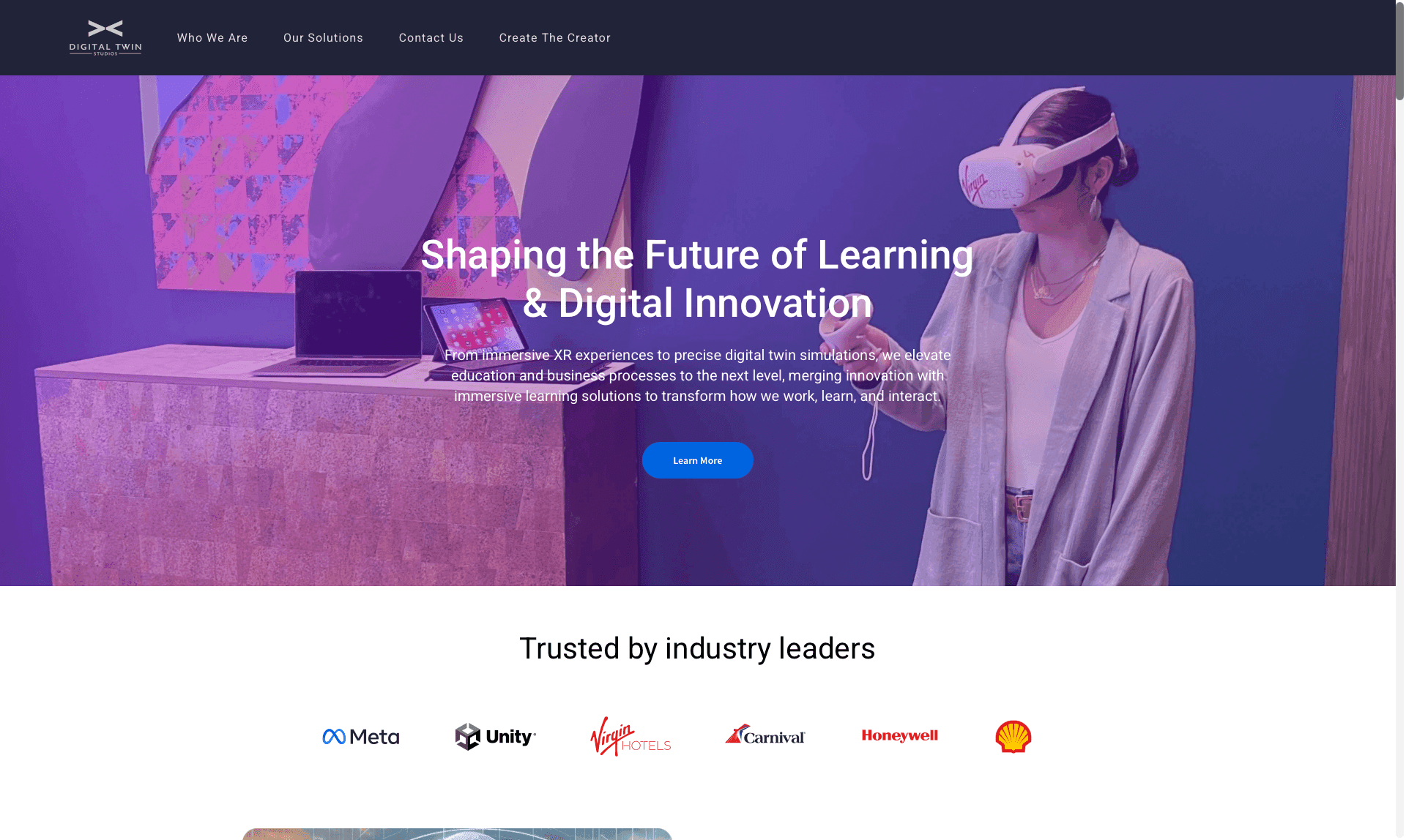 Digital Twin Studios website homepage showing a VR headset training session and its immersive learning positioning