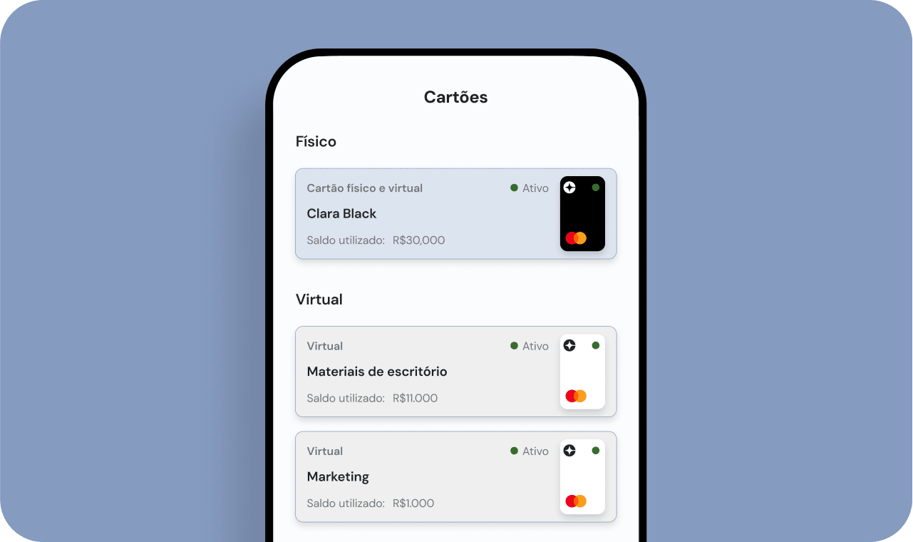 Tela do aplicativo Clara exibindo cartões empresariais físicos e virtuais com saldos e categorias