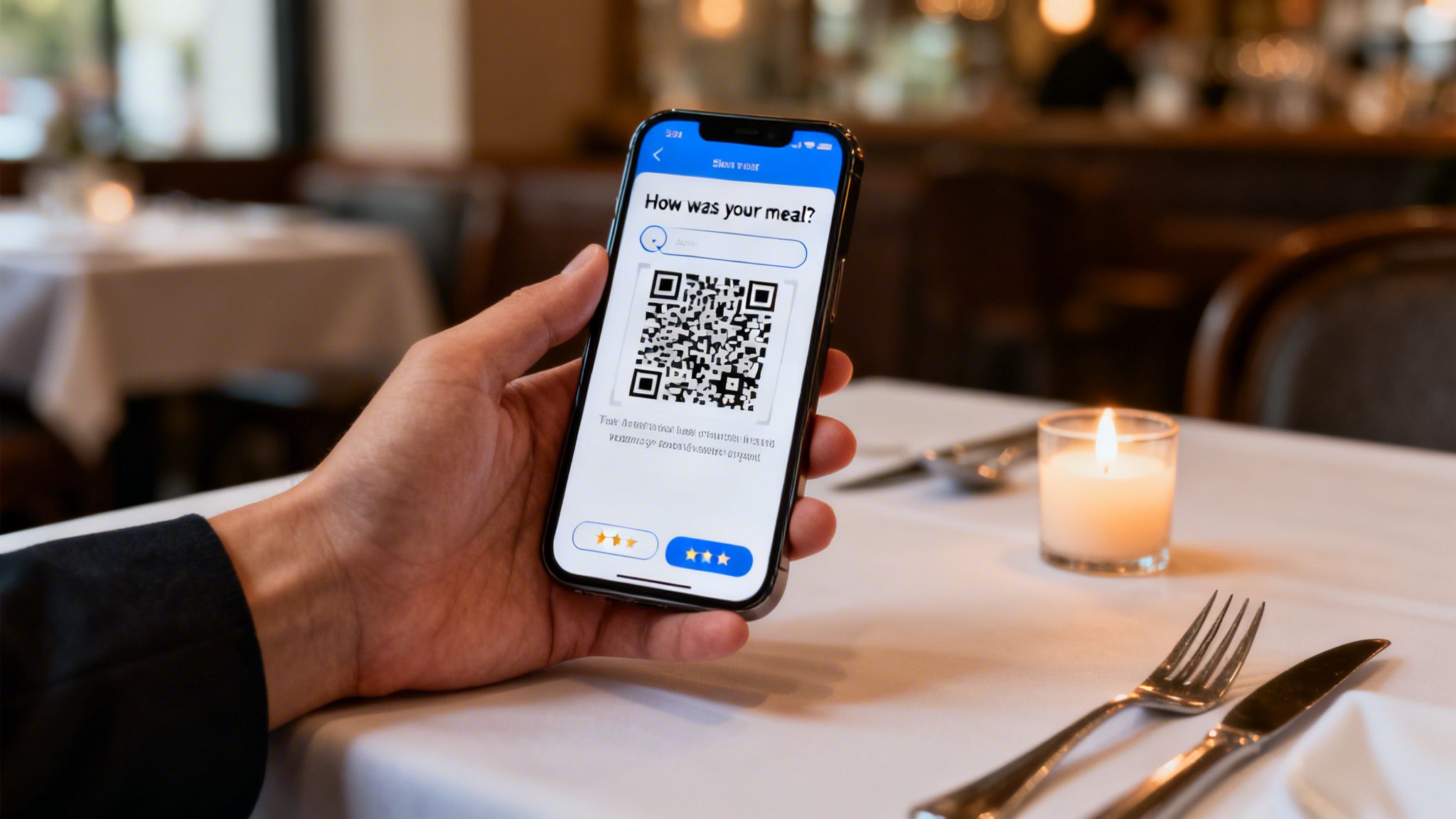 A person's hand holds a smartphone showing a restaurant review app with a QR code.