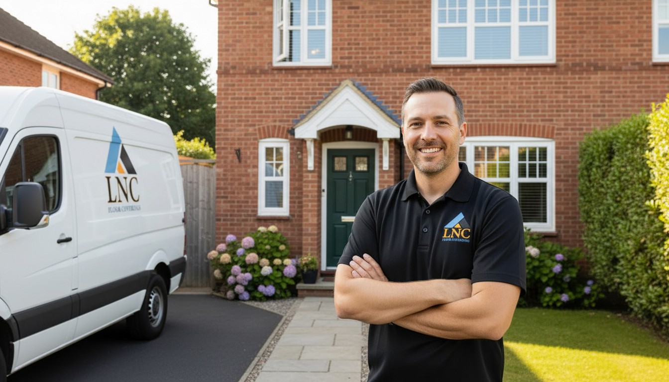 LNC Floor Coverings fitter outside a home with branded van before flooring installation