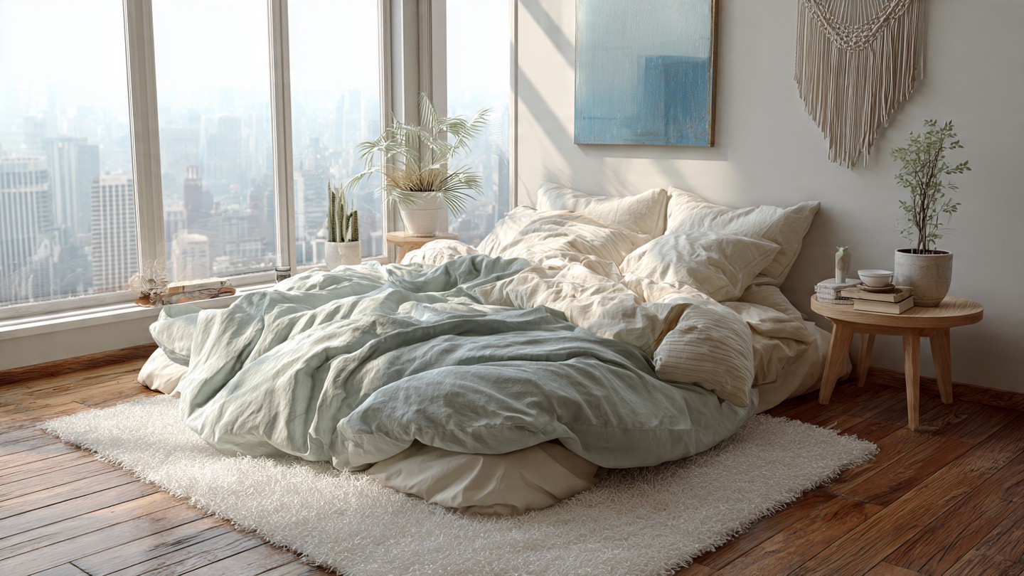 Cozy bedroom with a rumpled bed, light bedding, and a view of a city skyline through large windows. Soft lighting and plants create a serene atmosphere.