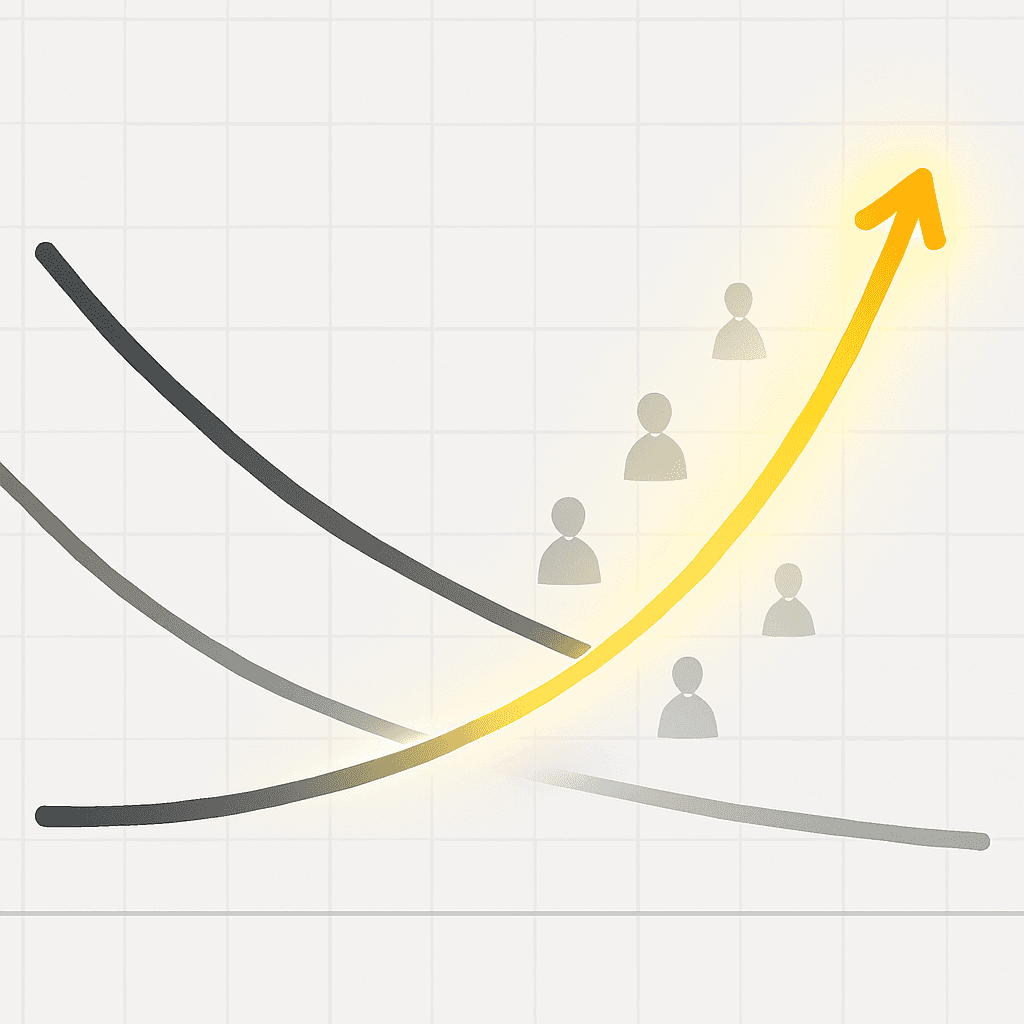 Conceptual graph showing decline of organic clicks and rise of AI answer visibility