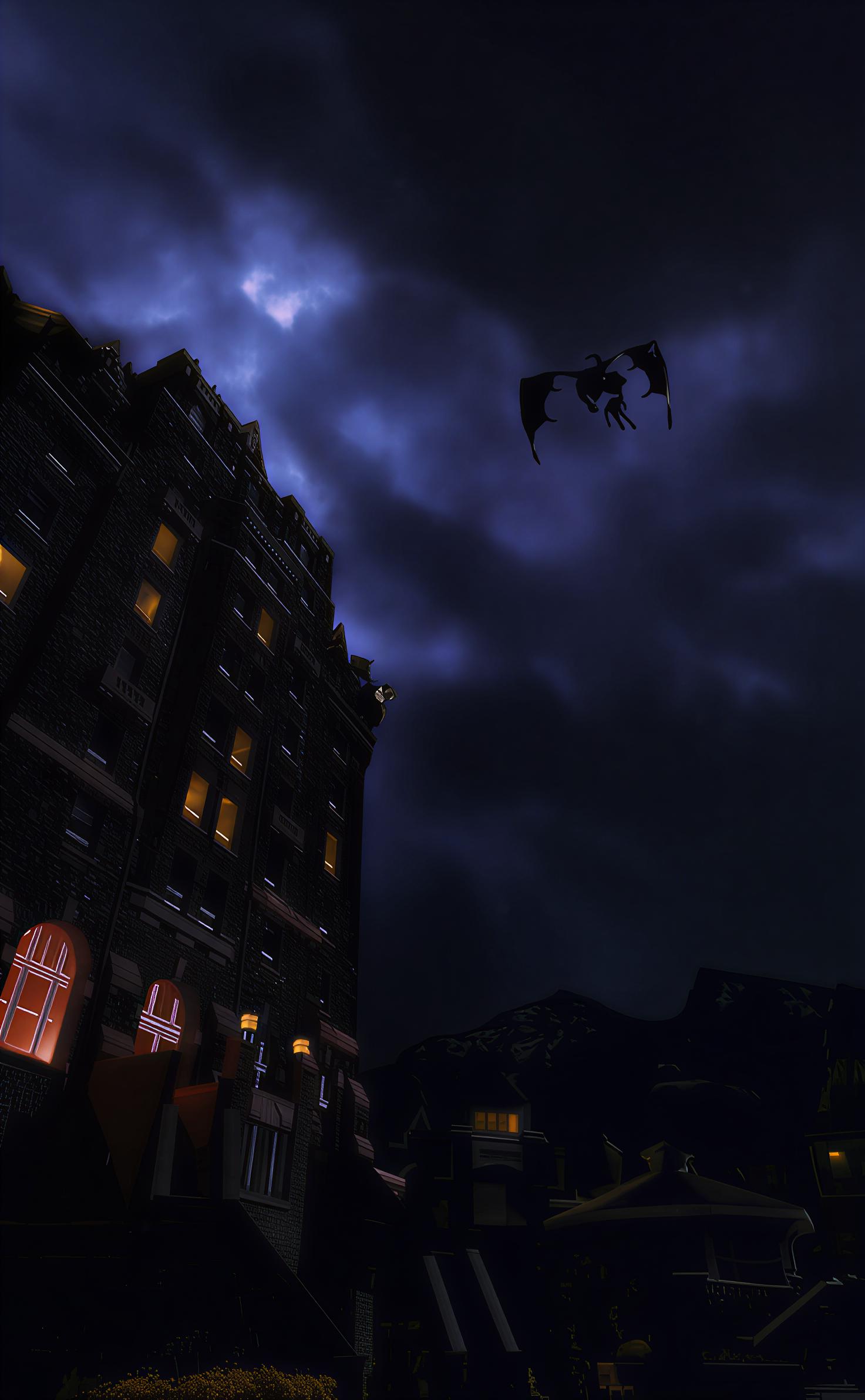 A dark, moody shot of a stone hotel under a cloudy night sky with a winged gargoyle in flight