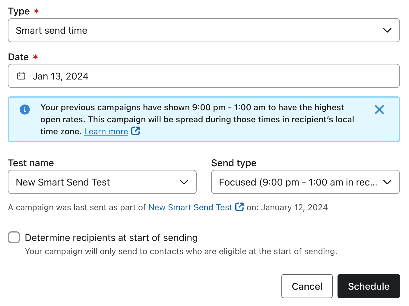 Smart Send scheduling interface showing campaign type, date, optimal send time (9:00 pm - 1:00 am), test name, send type options, and a schedule button