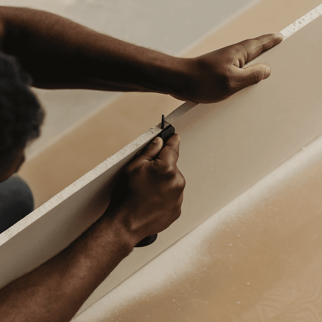 Des mains utilisant un couteau utilitaire pour entailler un morceau de cloison sèche. L'image traduit la concentration et la précision dans un contexte de construction ou de rénovation.