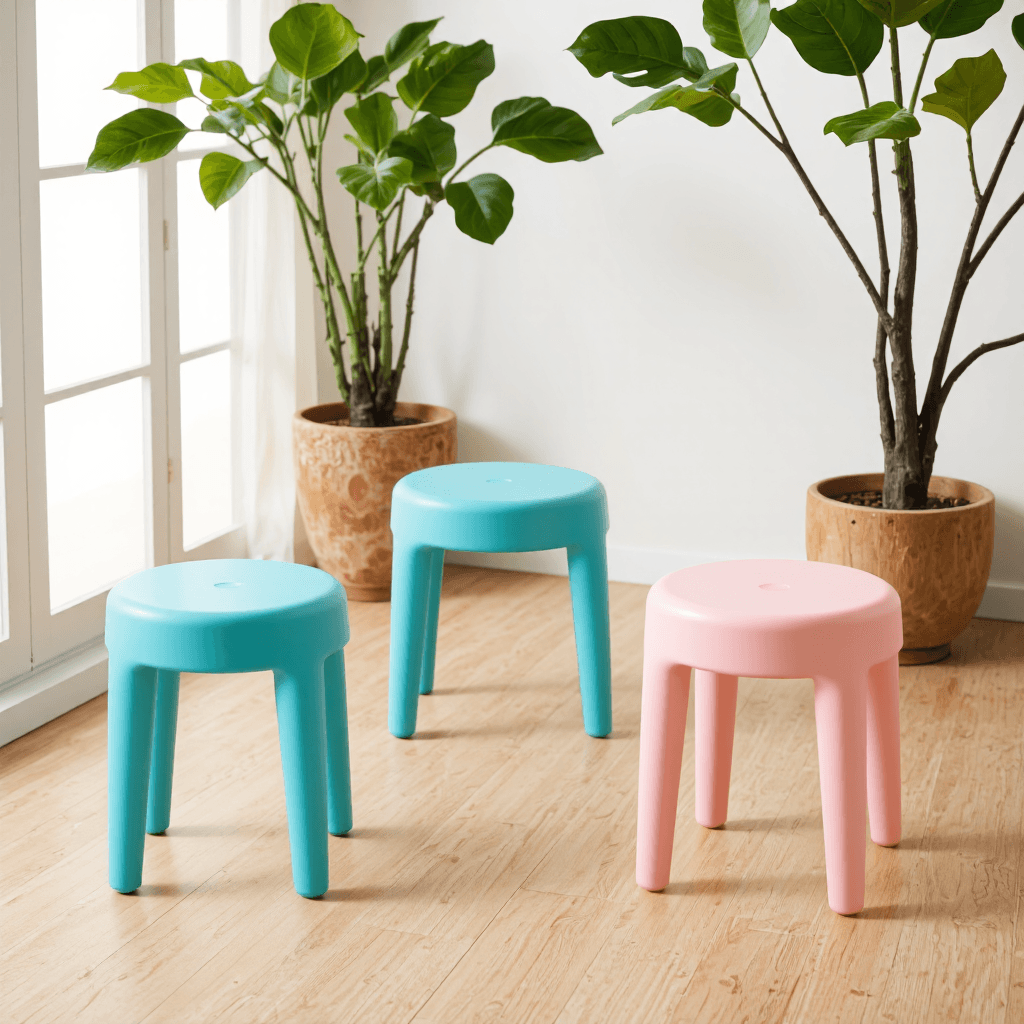 product photography of set of colorful plastic stools