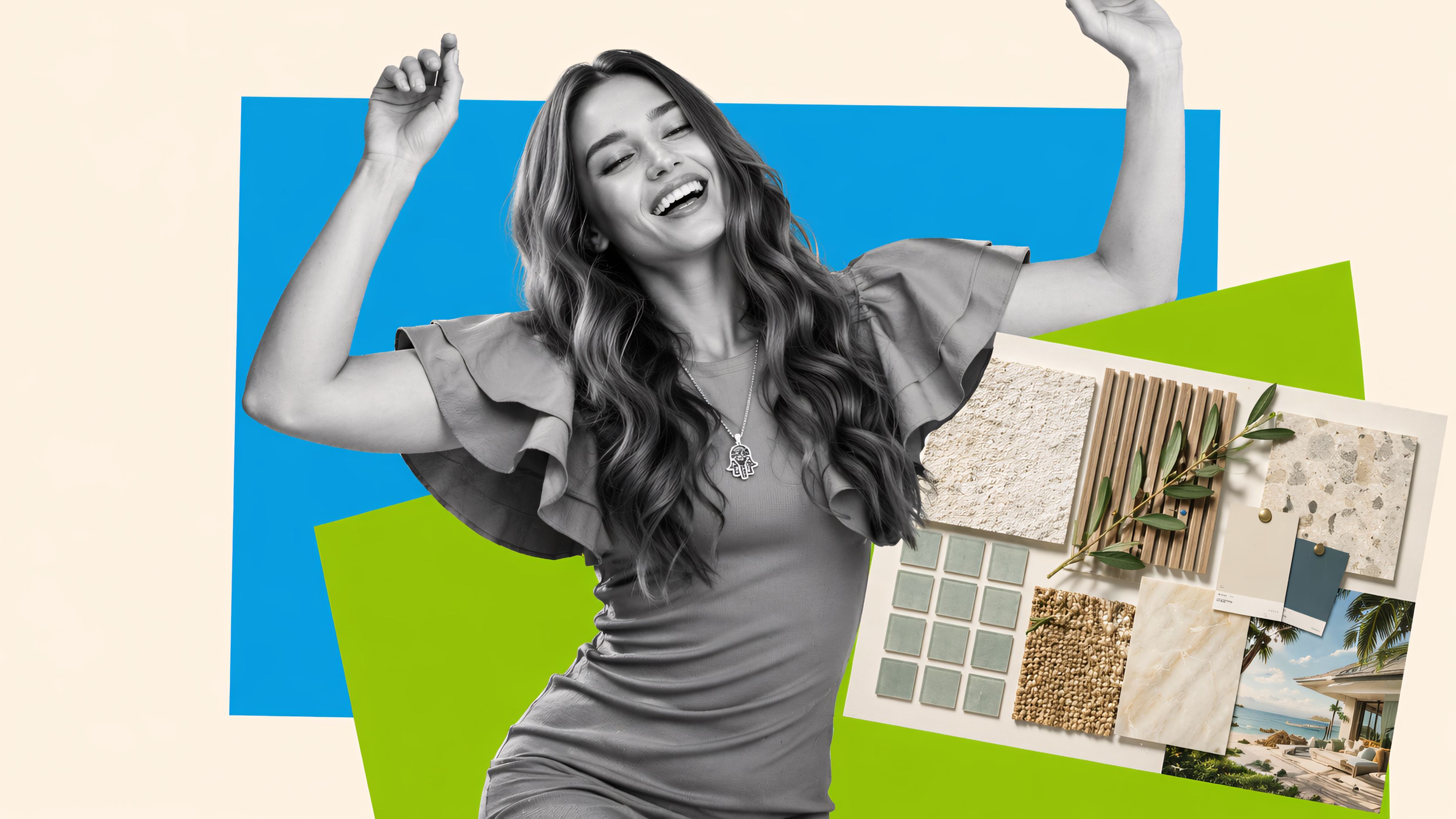 Happy woman dancing with arms raised, grayscale cutout over bold blue and green geometric shapes, with a floating beachside luxury home moodboard representing organized interior design specification workflow and clarity