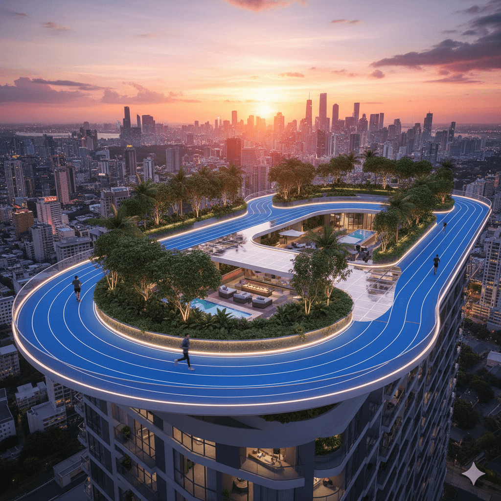 Unique rooftop jogging track with city views at M3M Cosmos, Sector M9, Gurugram.