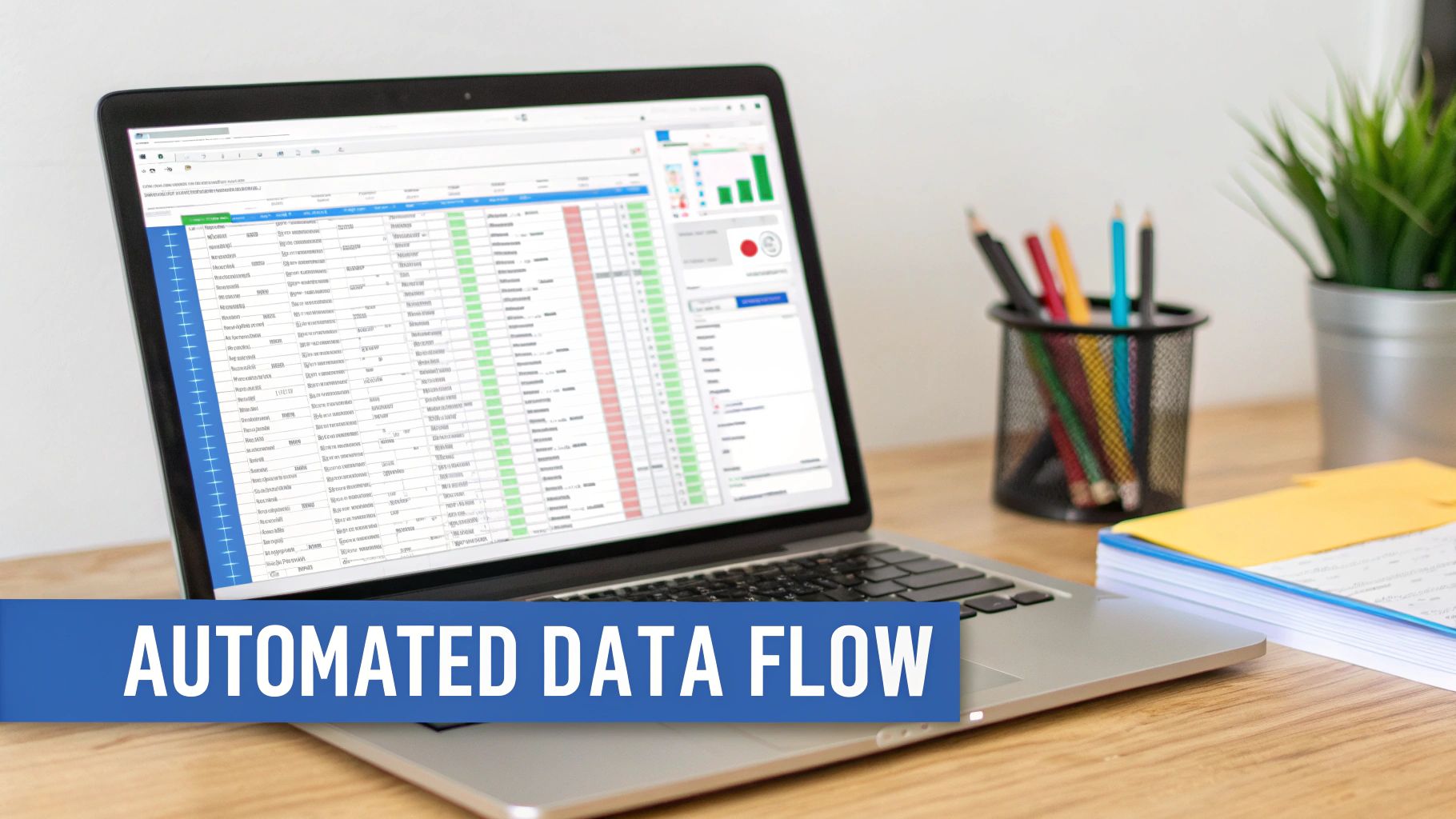 A laptop displaying data and charts on a desk with office supplies and a plant, promoting automated data flow.
