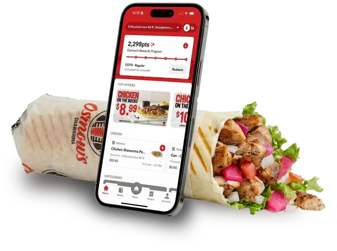 Osmow's mobile app displayed on iPhone showing rewards program, menu and loyalty points