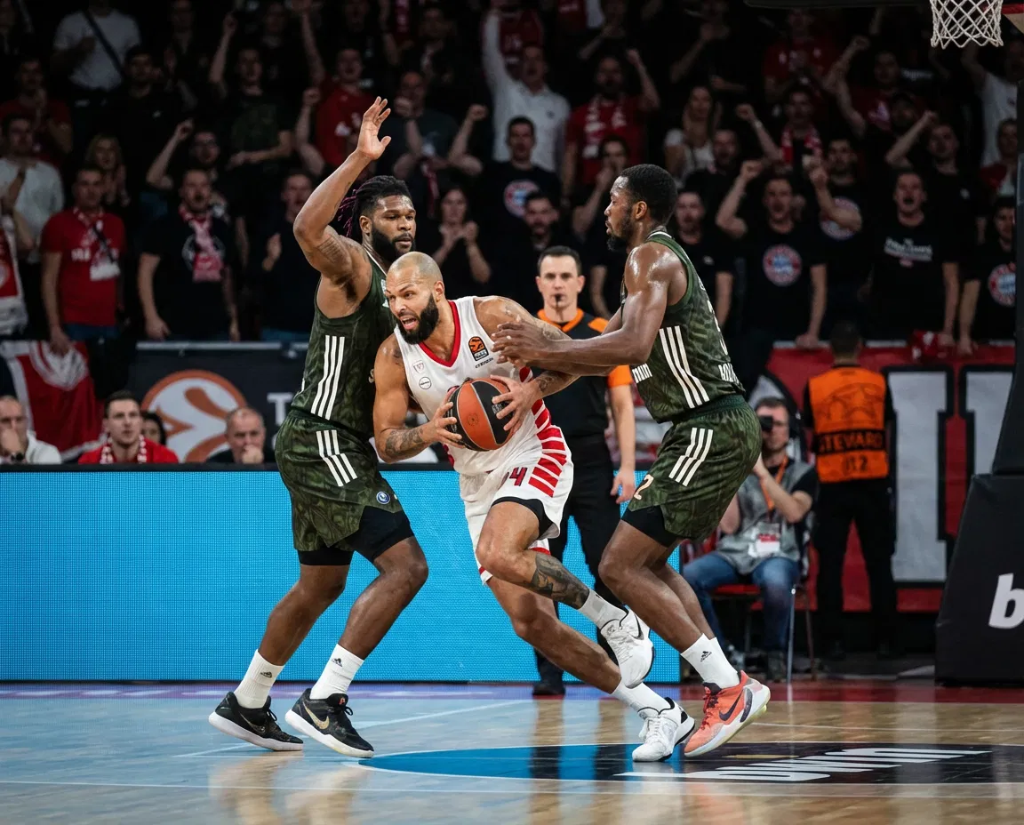 Intense Euroleague action between Olympiacos and Bayern Munich players on the court.