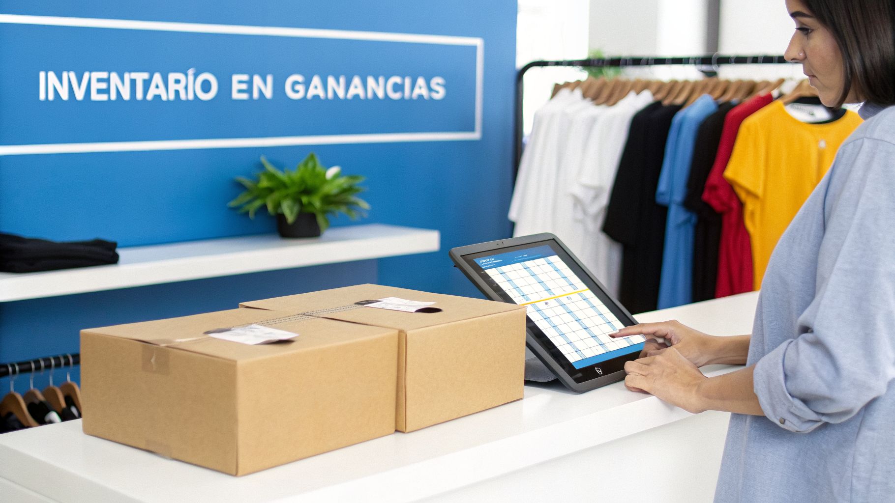 Una persona usa una tablet para registrar el inventario de una tienda de ropa. Hay cajas y ropa colgada.