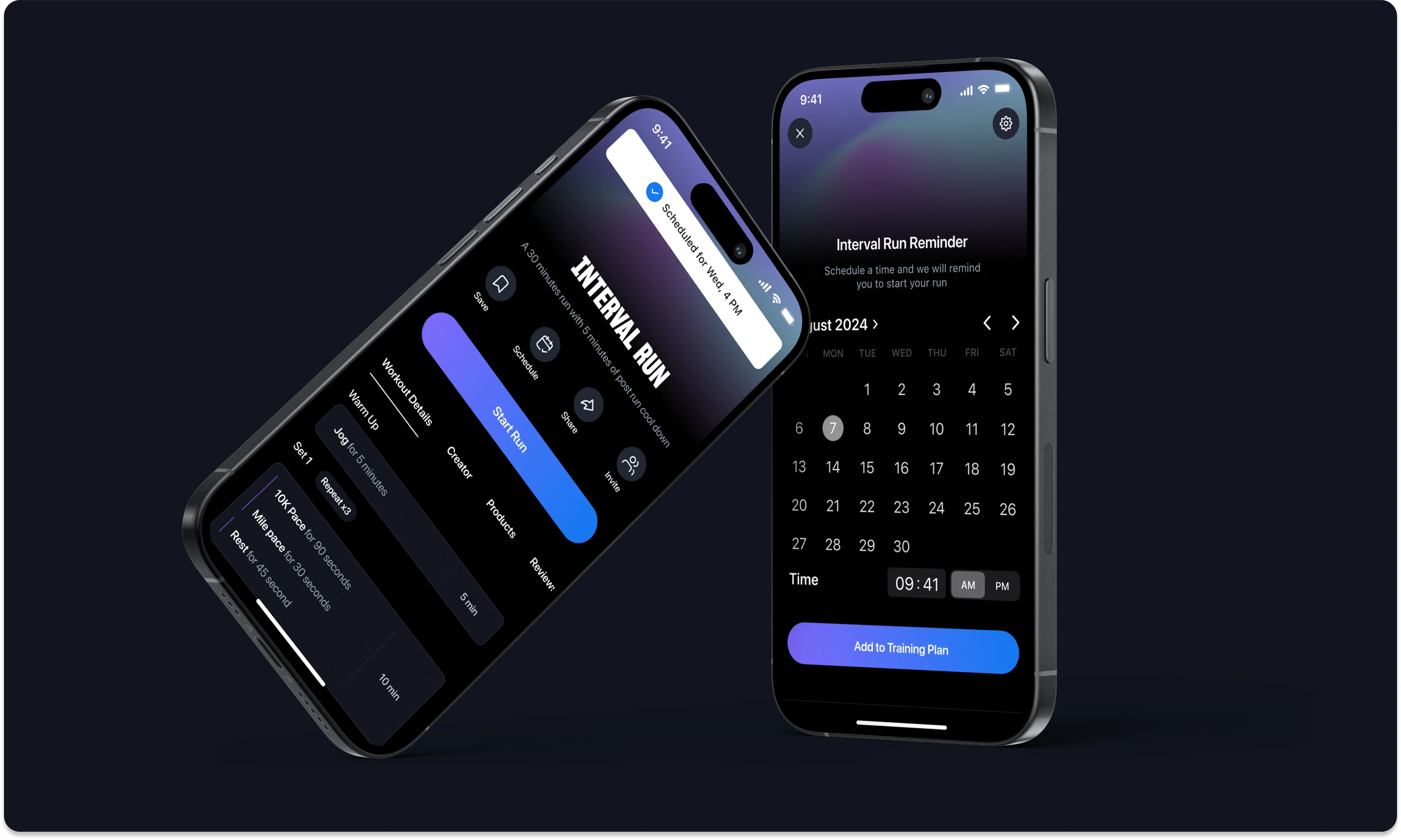 Two smartphones displaying a fitness app interface. The left phone shows an “Interval Run” workout screen with a start button, schedule options, and details of the session. The right phone displays a calendar interface for scheduling the run, with a selected date in August 2024 and a time set for 9:41 AM.