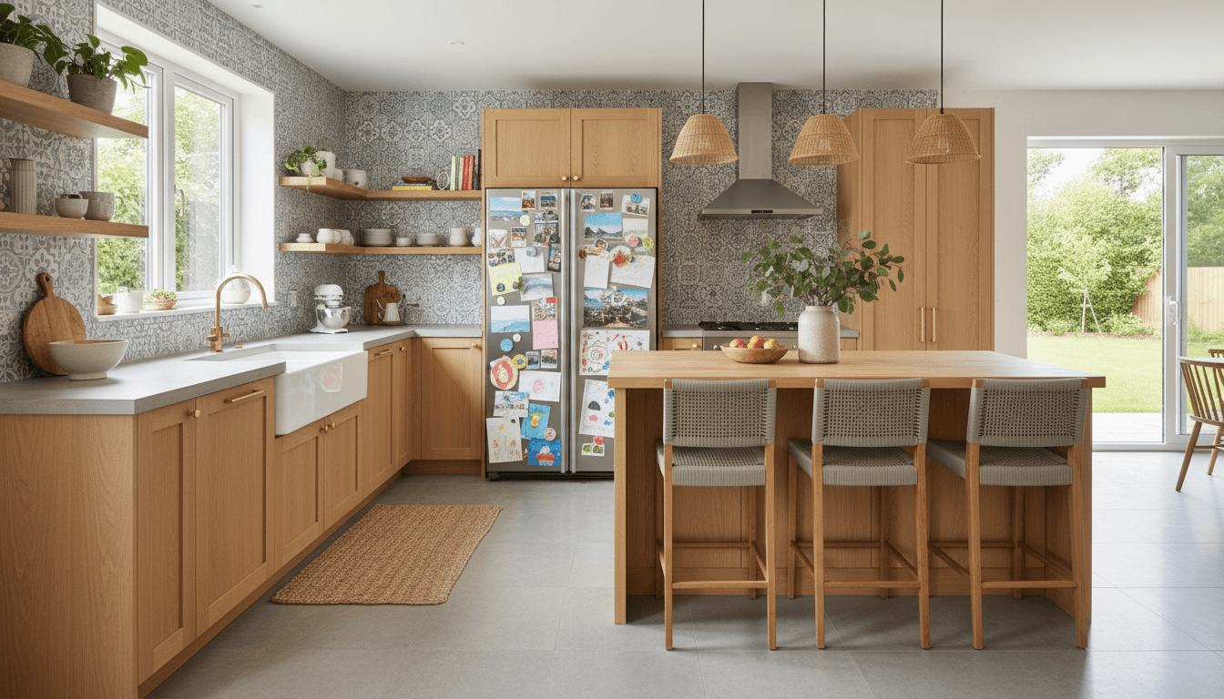 Modern minimalist kitchen with natural wood cabinets, marble countertops, large windows, and a cozy dining area with round table and chairs. Contemporary interior design with neutral tones and stylish decor.