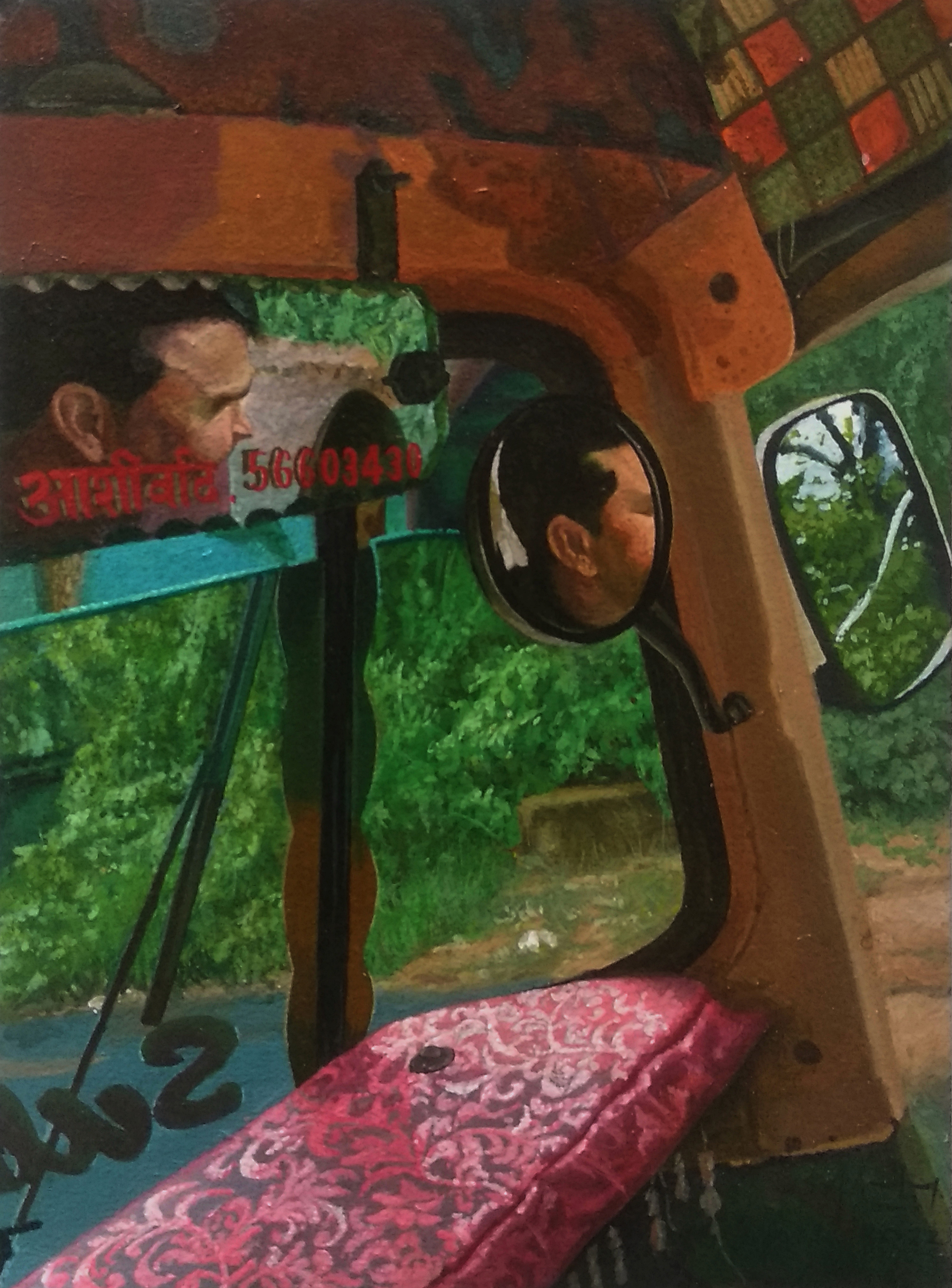 herd of sheep on road painting