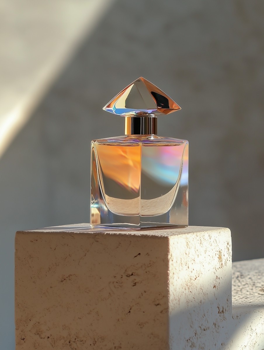 A crystal perfume bottle with a reflective, prism-like cap stands elegantly on a textured stone pedestal, casting colorful refracted light in a softly lit minimalist setting.