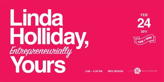 A crimson banner with text: Linda Holliday, Entrepreneurially Yours.
