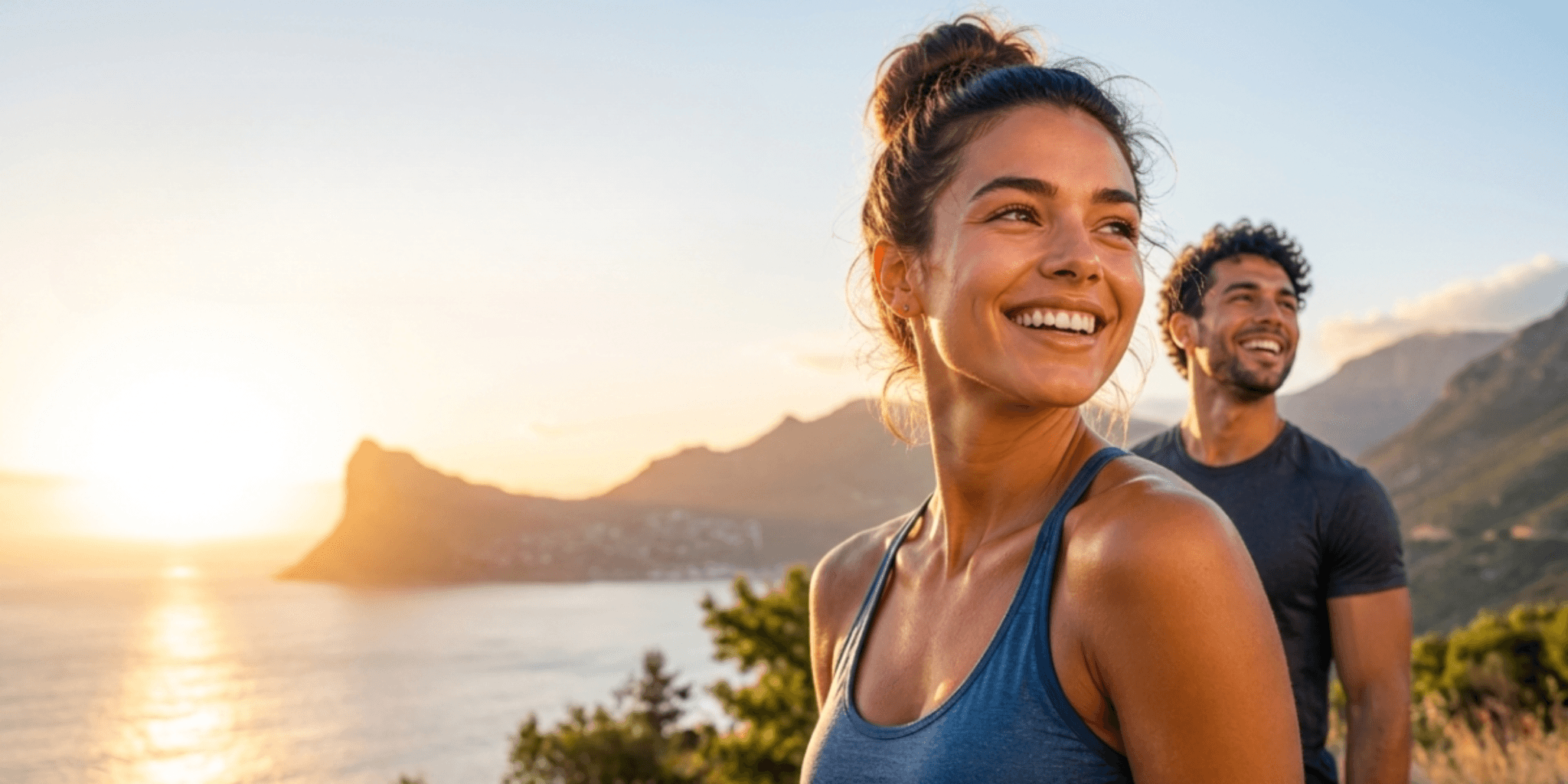 A smiling woman and man in athletic wear stand on a scenic hillside at sunset, overlooking a coastline with mountains. They exude happiness and contentment.