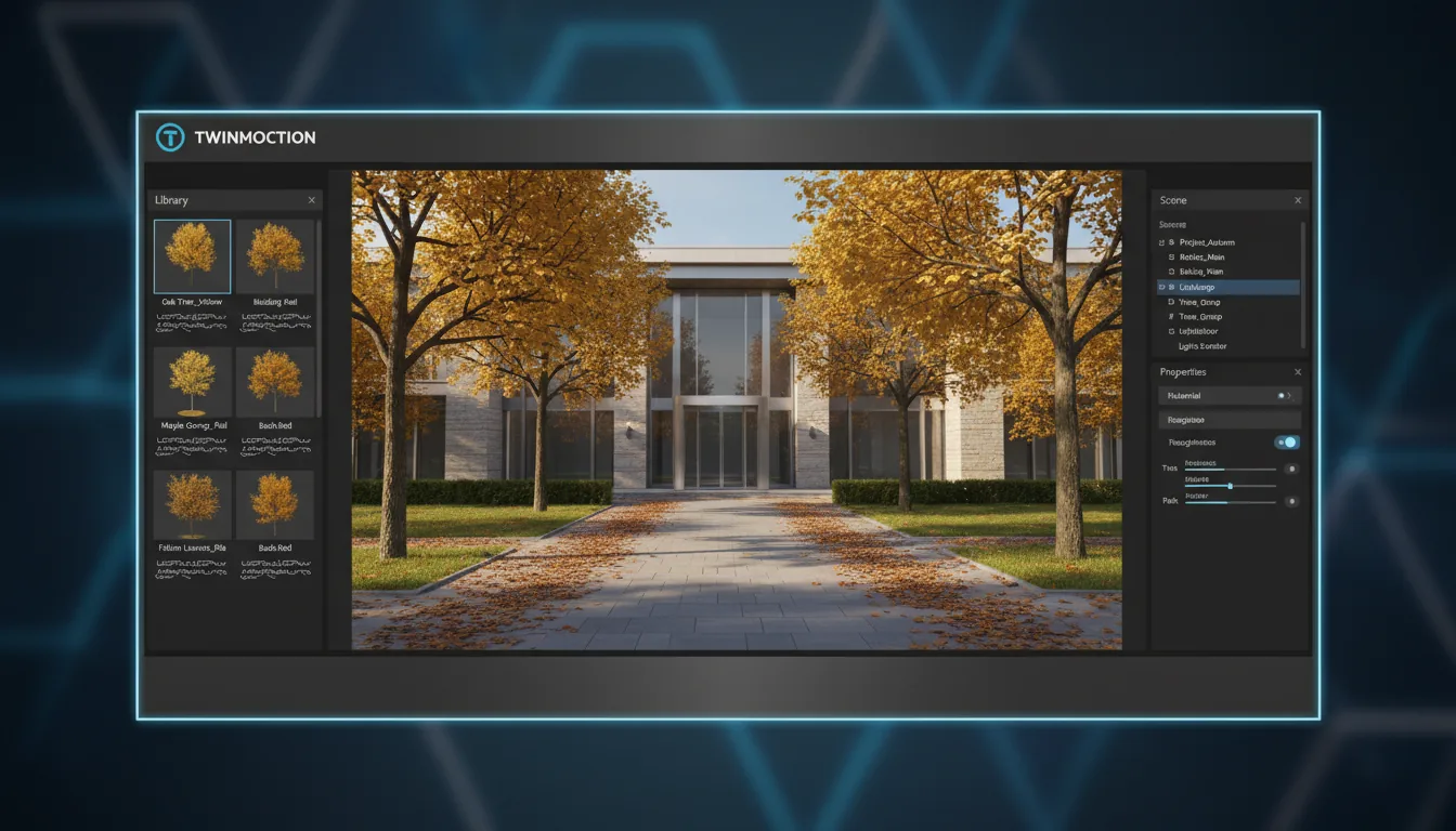 A screenshot of the Twinmotion 3D architectural visualization software in Modern Dark Mode. The user interface features a central viewport displaying a photorealistic render of a modern building's entrance during autumn, with yellow-leafed trees and fallen leaves on the sidewalk. A left sidebar shows a grid of 3D vegetation asset thumbnails with abstracted text labels. A right sidebar displays a scene hierarchy list and property controls with UI elements. The entire application window is framed by a thin, glowing blue line.
