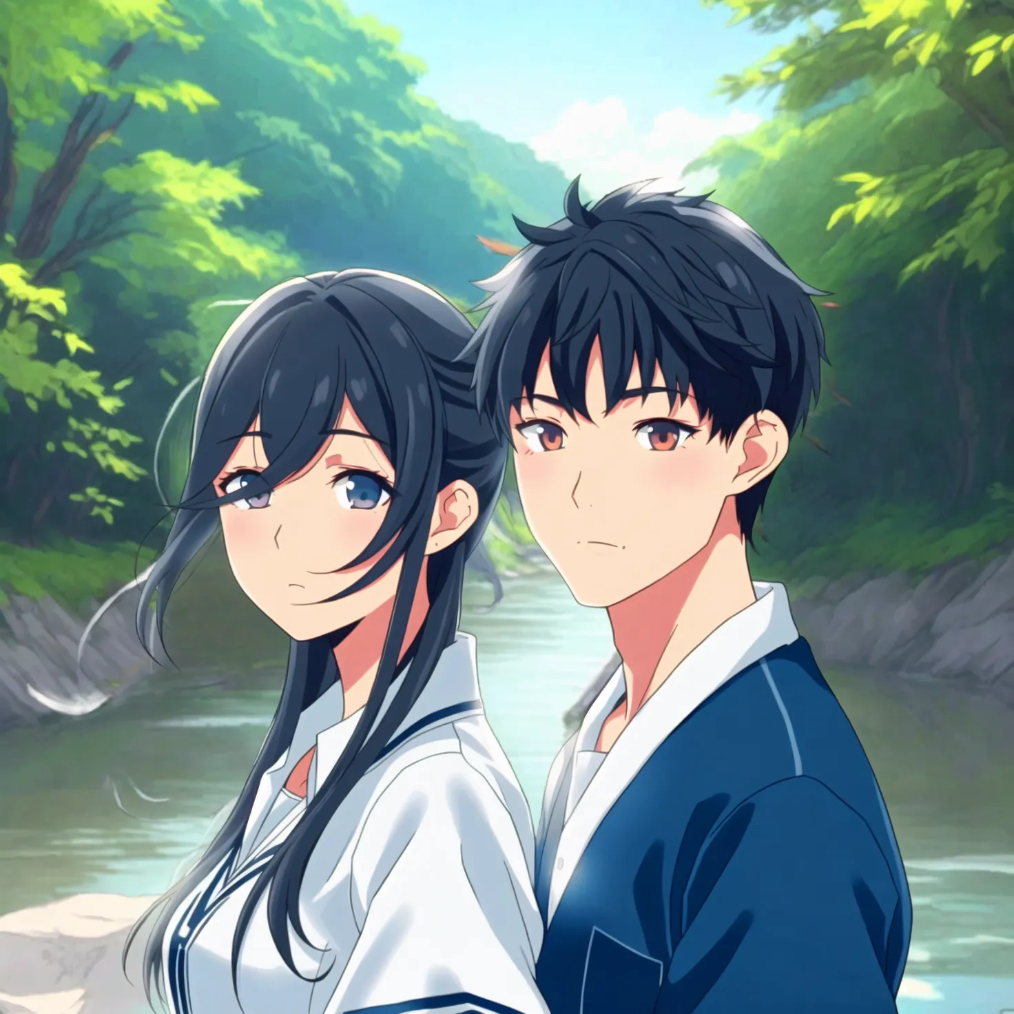 Anime character couple at the river. Image generated by AI using Fuzer