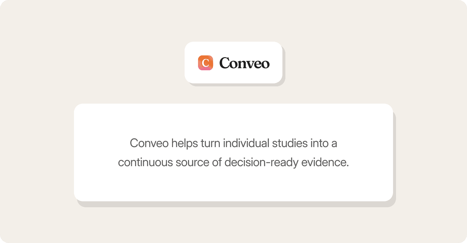 Graphic featuring the Conveo logo — an orange "C" icon — above a white card on a beige background, with the text: "Conveo helps turn individual studies into a continuous source of decision-ready evidence."