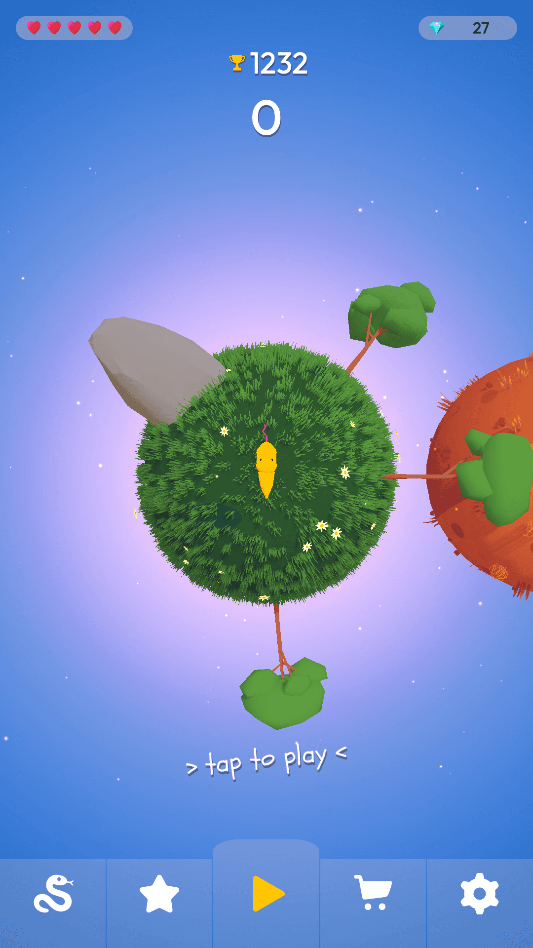 A small yellow snake on a grassy spherical planet with tiny white flowers, set against a blue starry background. A reddish planet and stylized trees are visible in the distance.