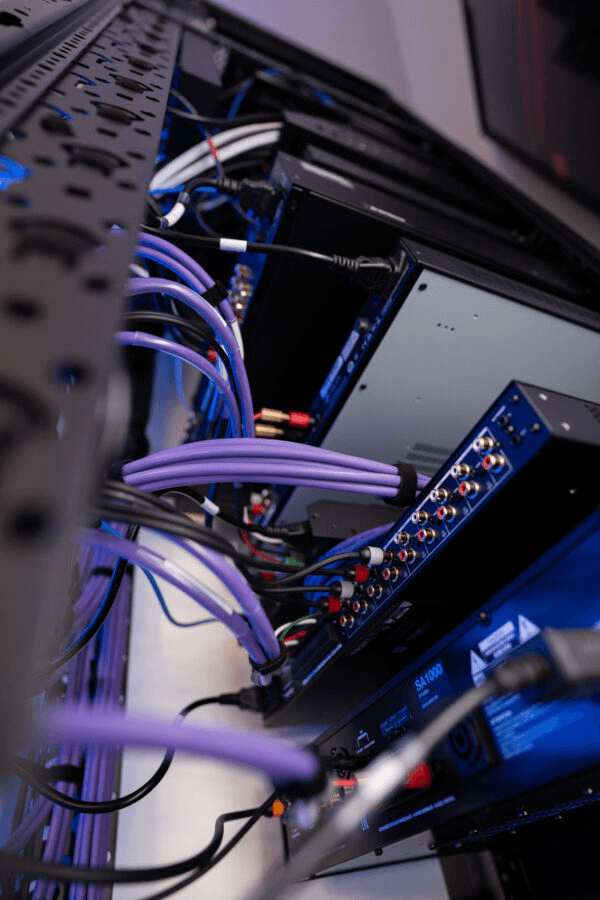 Server rack with blue and purple cables