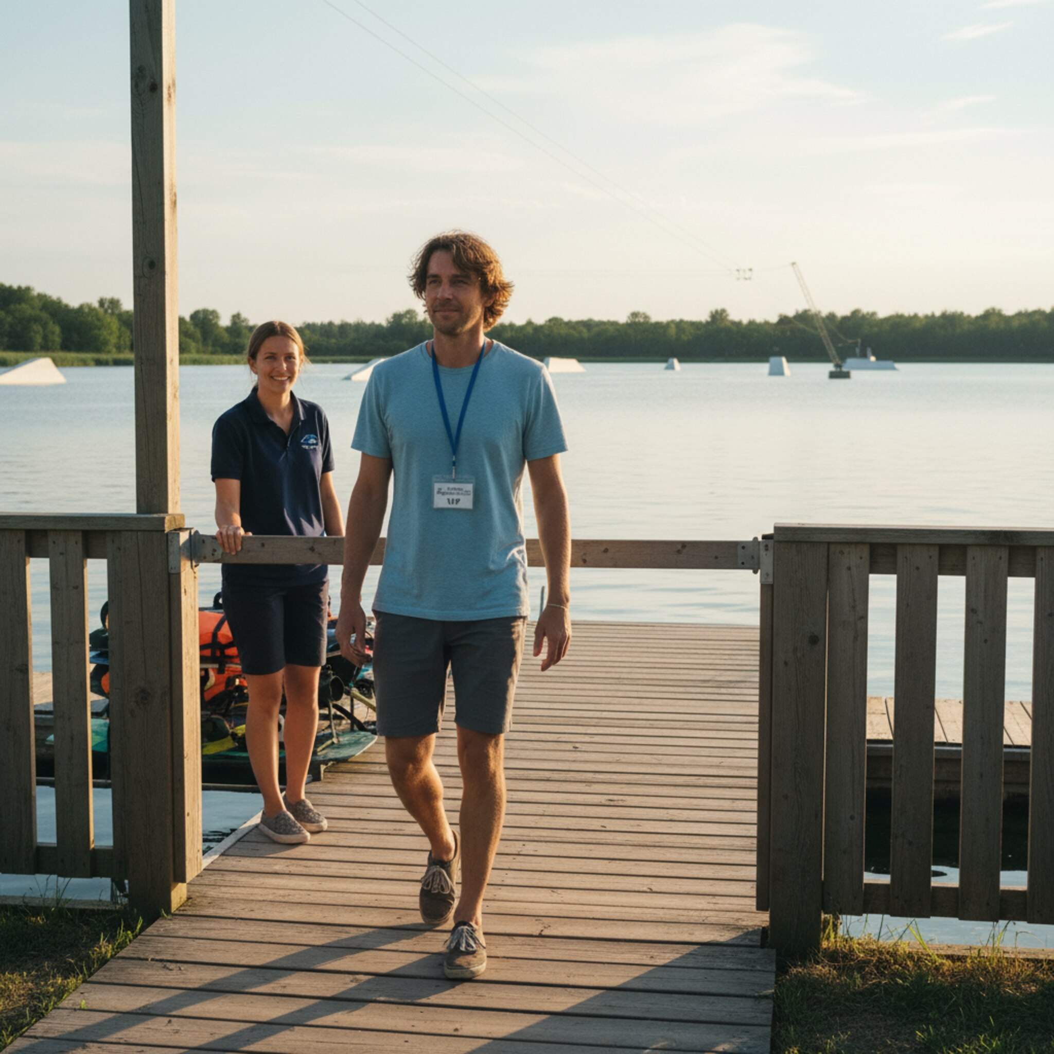 Ein Stammgast hält am Eingangstor an, eine laminierte Karte hängt locker am Lanyard um den Hals. Ein Mitarbeiter nickt freundlich und öffnet die Absperrung. Die Nachmittagssonne zeichnet lange Schatten auf den Steg. Dahinter liegt die Bahn ruhig und einladend.