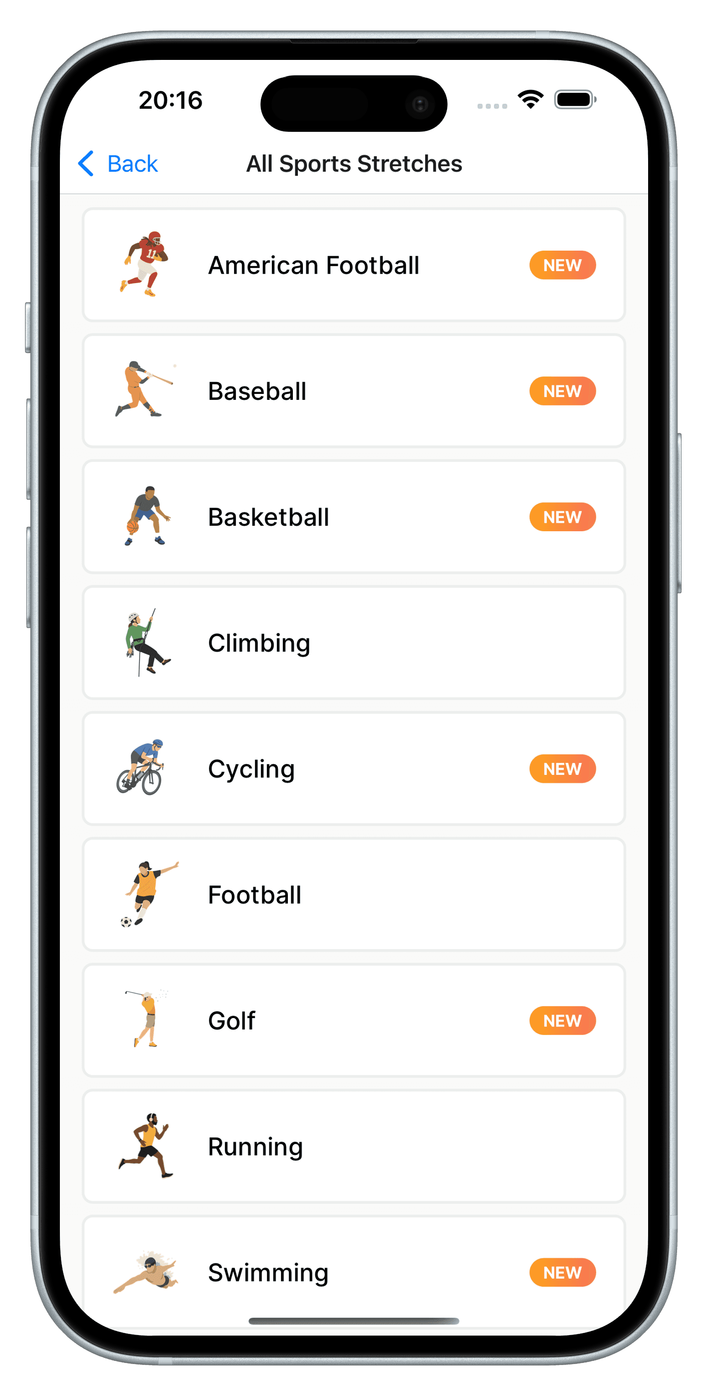 iPhone screenshot showing the SportStretch app open on the sport selection page. The page shows american football, baseball, basketball and climbing buttons.