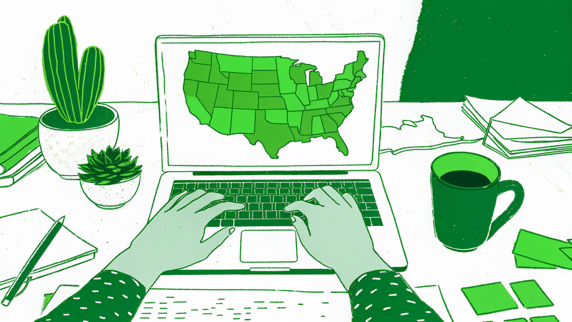 Person searching unclaimed property across multiple highlighted US states on a laptop