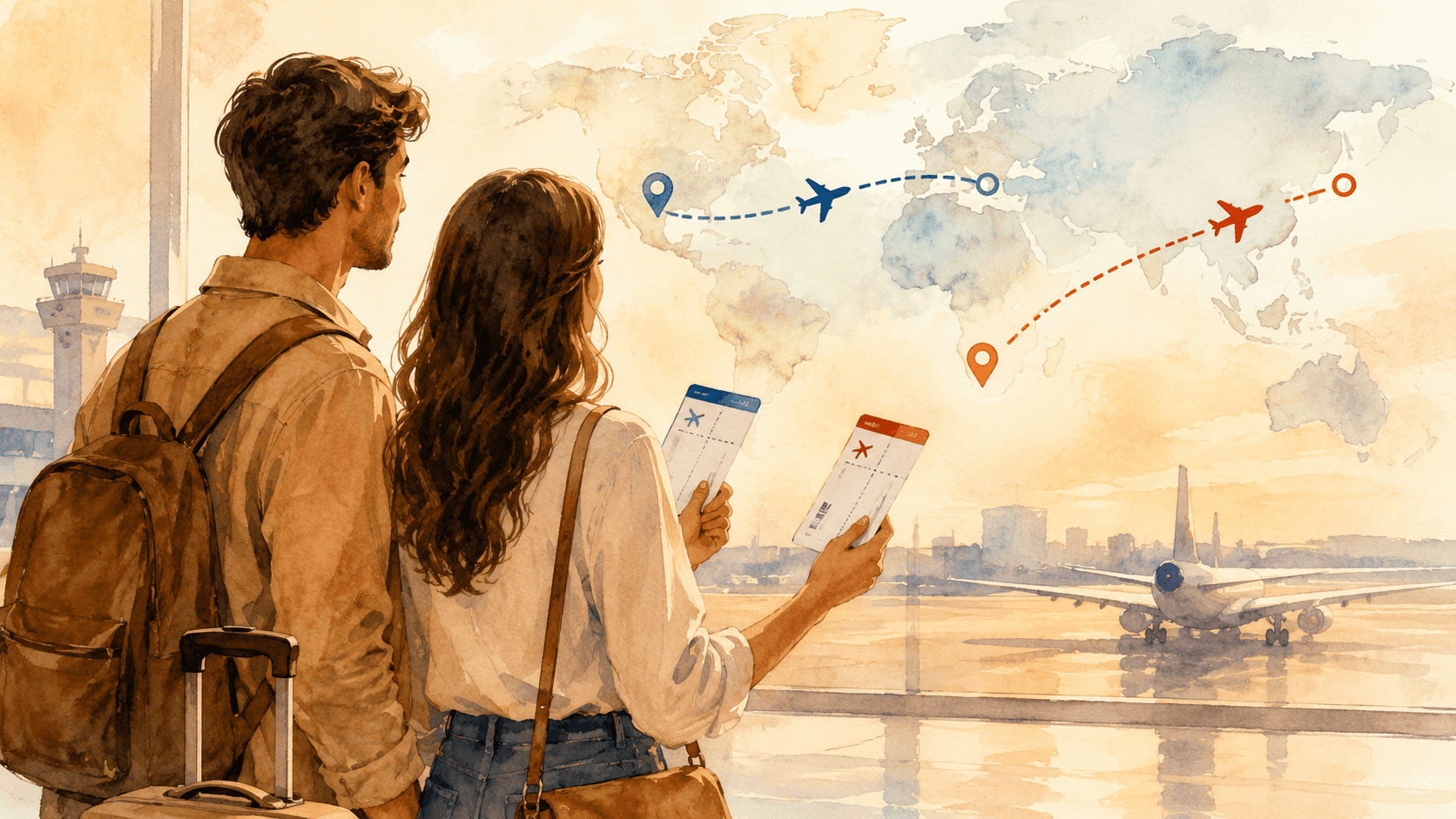 Ilustração em aquarela digital mostrando casal com cartões de embarque em aeroporto, representando estratégia de emissão separada com milhas.