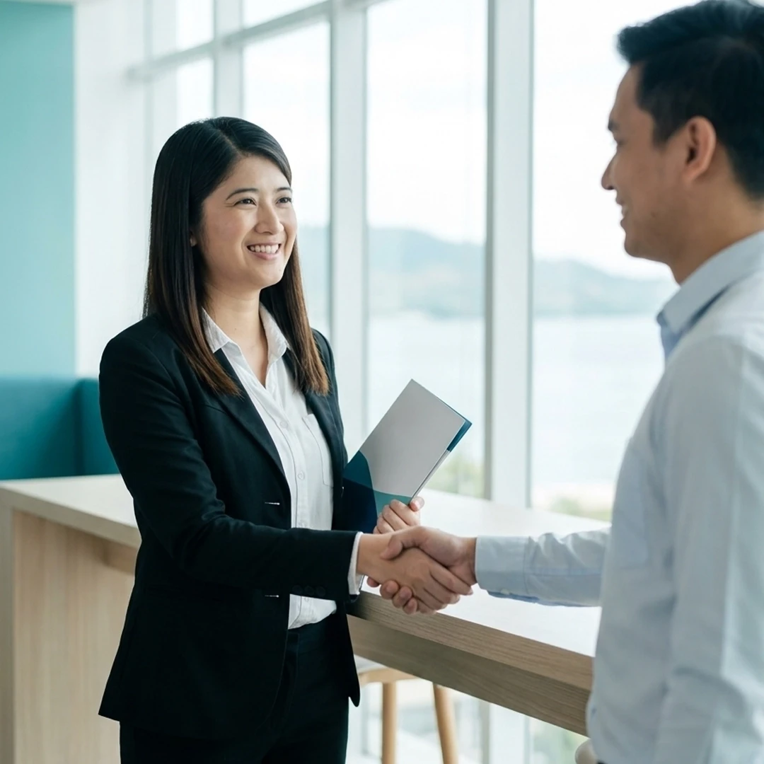 A recruiter handing a clean resume to a hiring manager in a modern office