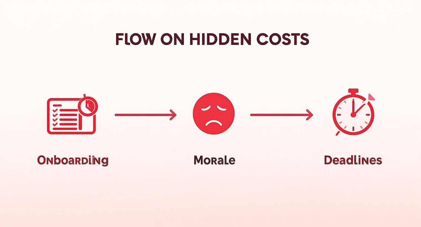 Flow diagram showing onboarding leading to low morale and missed deadlines due to hidden costs