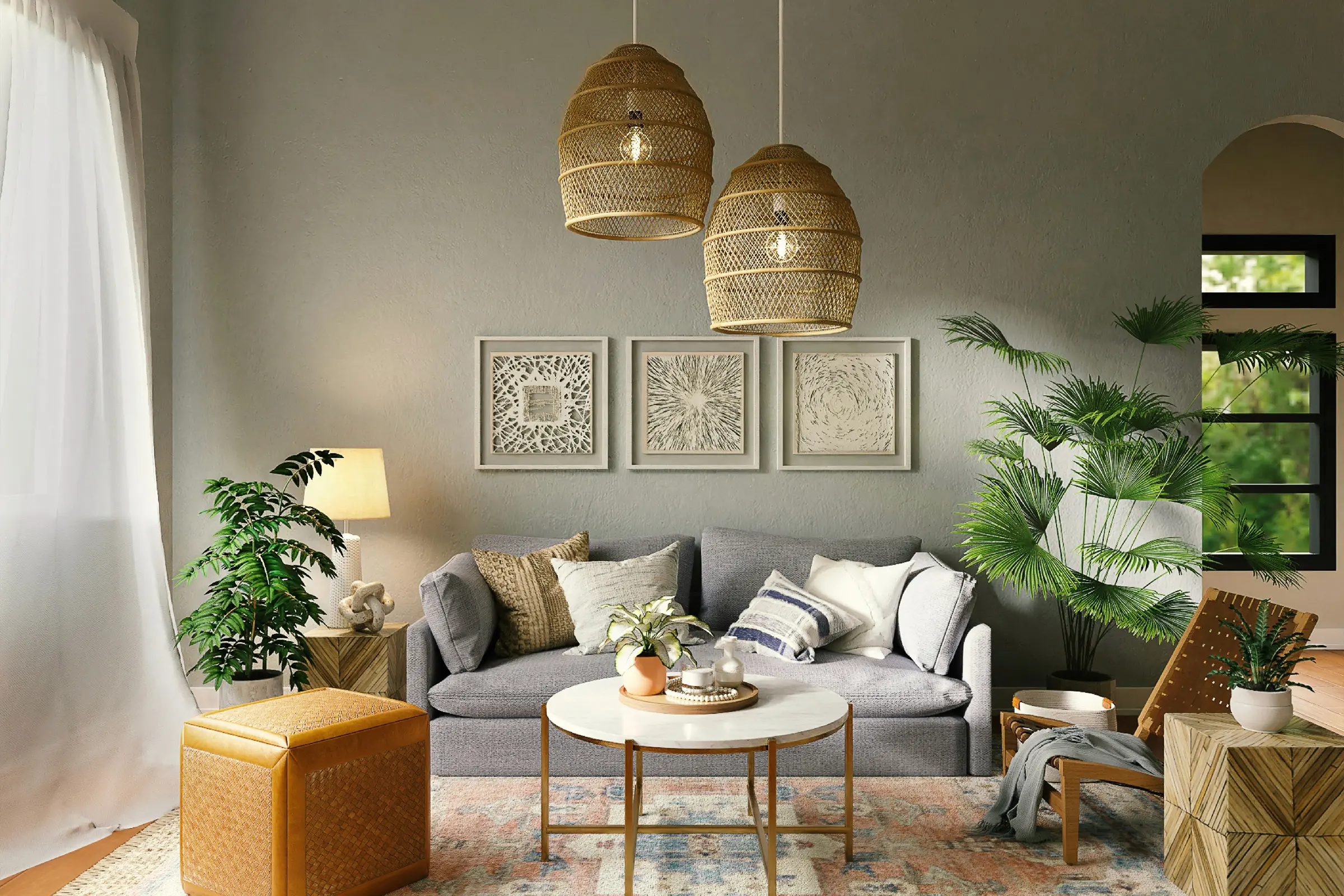 A grey sofa with patterned pillows in a living room with woven pendant lights