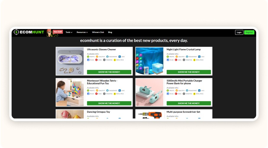 Page d’accueil de l’extension Chrome Ecomhunt