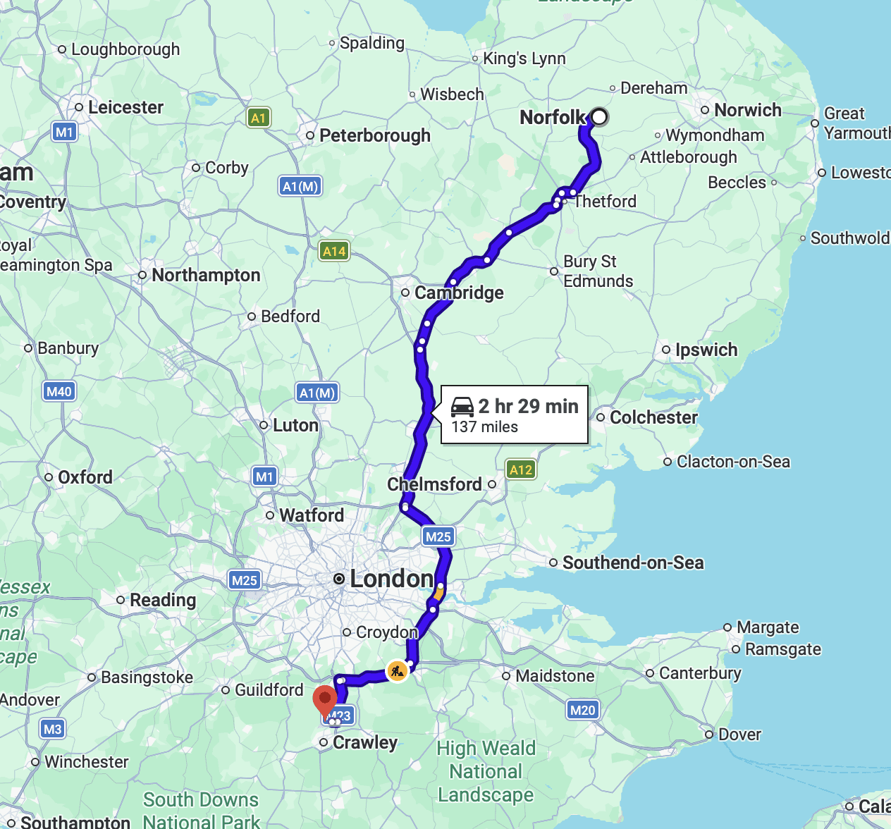 Norfolk to Gatwick transfer route