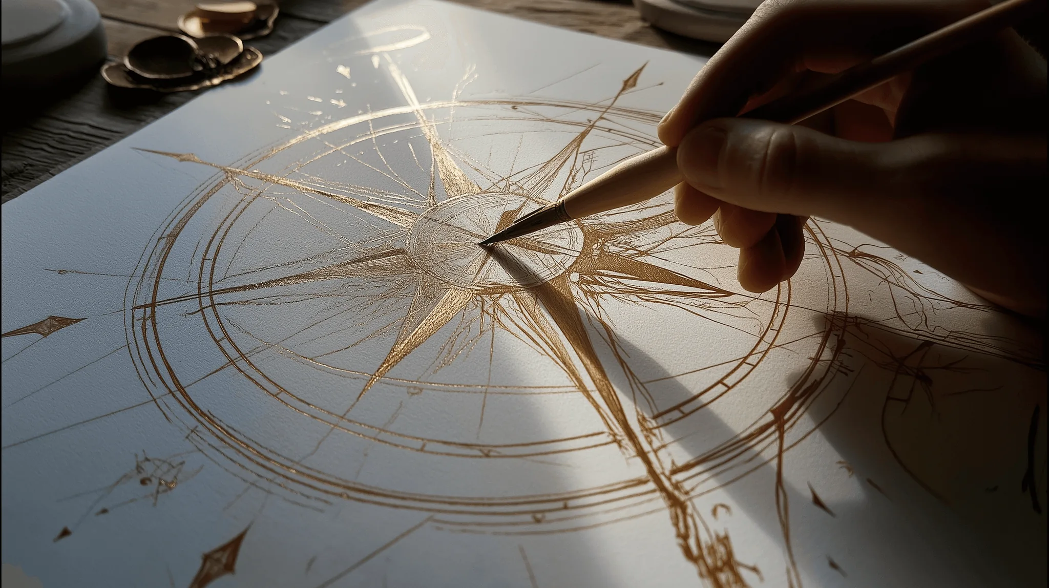 A hand inking a golden compass rose onto aged parchment.