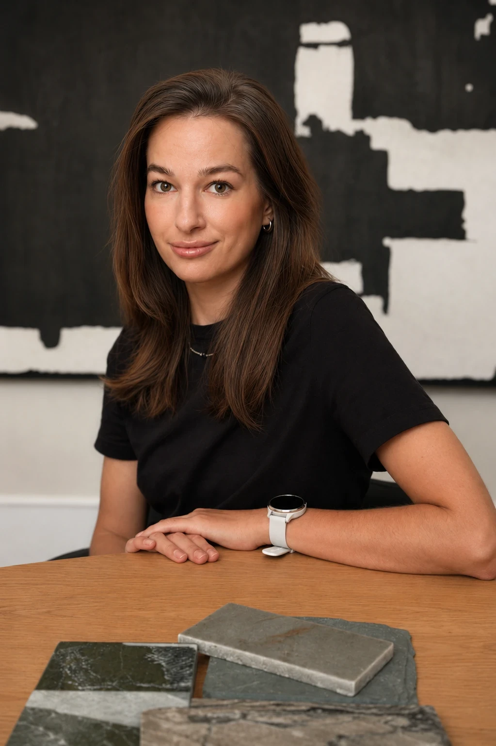 Joanna Rzepecka - portret przy stole z próbkami materiałów